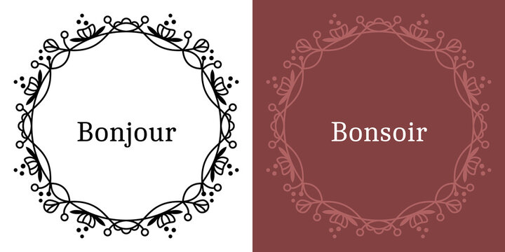 Cadre d&eacute;coratif rond arrondi cercle couronne fleurs feuille floral traits lignes noir vecteur &eacute;l&eacute;gant d&eacute;licat