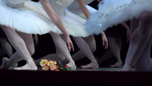 Legs of Ballerinas Dancing on Stage in Swan Lake Ballet