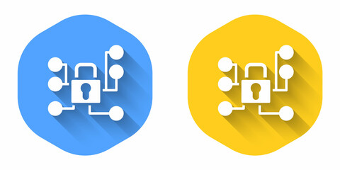 White Cyber security icon isolated with long shadow background. Closed padlock on digital circuit board. Safety concept. Digital data protection. Circle button. Vector