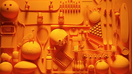 Foto op Plexiglas Orange Vibrant Sports Wall Equipment Collage Activity 3d illustration render  © paul