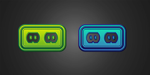 Green and blue Electrical outlet icon isolated on black background. Power socket. Rosette symbol. Vector