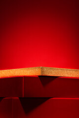 Majestic red podium made of gift boxes Red background ..