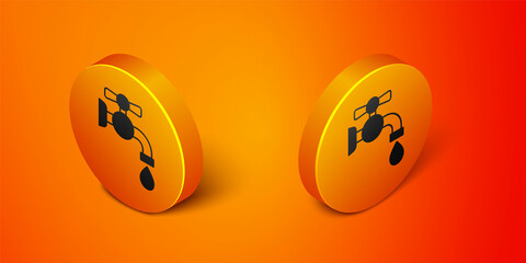 Isometric Water tap icon isolated on orange background. Orange circle button. Vector