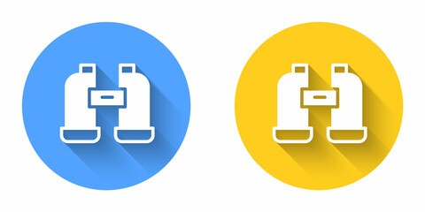 White Binoculars icon isolated with long shadow background. Find software sign. Spy equipment symbol. Circle button. Vector