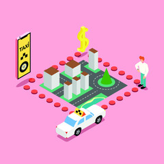 Taxi app 3D navigation diagram with smartphone, currency, dollar, city, car and person. Convenient use. Isometry. Vector illustration.
