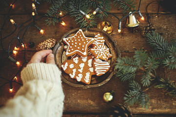 Hand holding plate with christmas gingerbread cookies, fir branches , warm lights on rustic wooden table, flat lay. Atmospheric winter image. Seasons greeting. Delicious homemade cookies