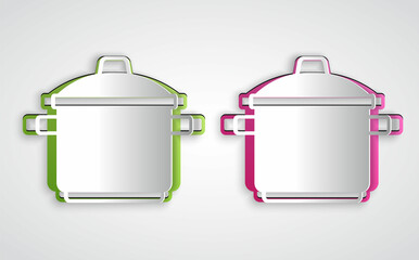 Paper cut Cooking pot icon isolated on grey background. Boil or stew food symbol. Paper art style. Vector