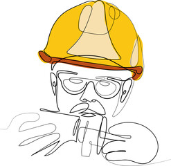 Continuous one line drawing of Industry maintenance engineer man wearing uniform and safety helmet under inspection by tablet. Minimal outline concept