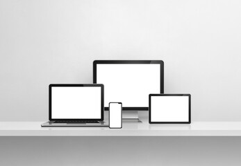 Computer, laptop, mobile phone and digital tablet pc. white concrete shelf banner