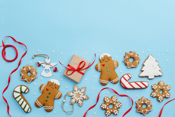 christmas gingerbread in a viewed from above. Greeting card.