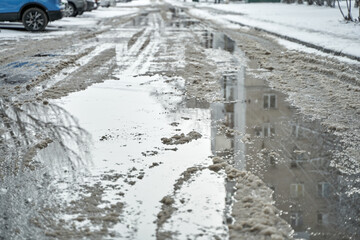 Slush on the road during winter snowfall