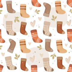 Knitted socks with a variety of patterns. Cozy warm clothes. Leaves, hearts, and dots. Abstract cute background. Vector seamless pattern in a hand-drawn style. Hobby, handmade gifts. Design print.
