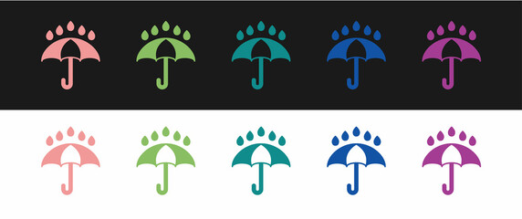 Set Umbrella and rain drops icon isolated on black and white background. Waterproof icon. Protection, safety, security concept. Water resistant symbol. Vector