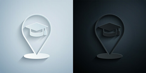 Paper cut Online education and graduation icon isolated on grey and black background. Online teacher on monitor. Webinar and video seminar learning. Paper art style. Vector