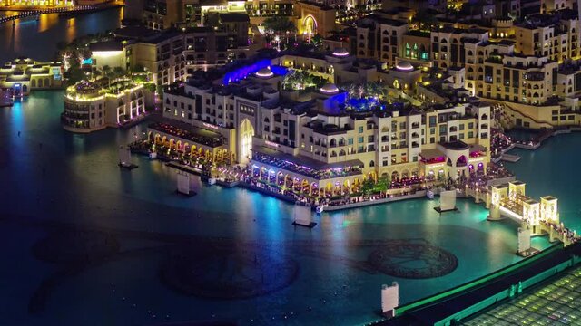 night illumination dubai famous music fountain roof view 4k time lapse uae