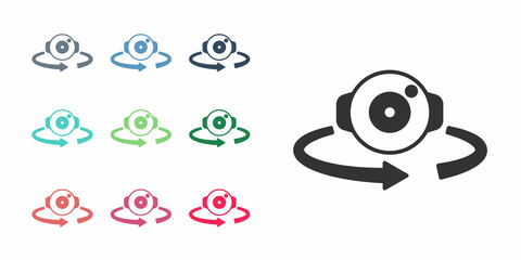 Black 360 degree view icon isolated on white background. Virtual reality. Angle 360 degree camera. Panorama photo. Set icons colorful. Vector