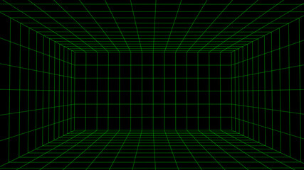 Wireframe room on black background. Digital vector perspective grid box for design.
