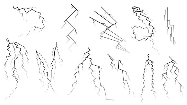 Set Black Outline Simple Line Abstract Collection Lightning Thunderstorm ABackground Light And Shine Electricity Vector Design Style