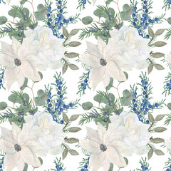 Watercolor painting seamless pattern with white flowers and blue berry, fir tree branch