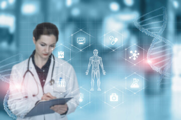 Doctor writes the results of the patient's examination into the history of the disease from the virtual screen.