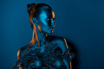 Portrait of attractive lady creative metal bodyart look empty space x-mas ad isolated on dark blue...