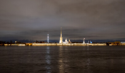 Fototapeta na wymiar View of the Neva River, Peter and Paul Fortress. St. Petersburg. Russia. Night. Autumn