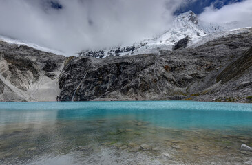 clear glacier lake with snow capped mountain in background