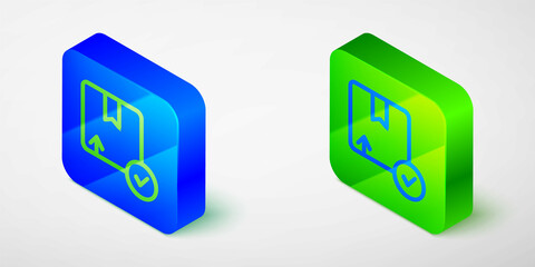 Isometric line Carton cardboard box icon isolated grey background. Box, package, parcel sign. Delivery and packaging. Blue and green square button. Vector
