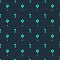 Green line Shovel icon isolated seamless pattern on blue background. Gardening tool. Tool for horticulture, agriculture, farming. Vector