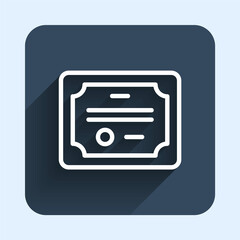 Obraz premium White line Certificate template icon isolated with long shadow background. Achievement, award, degree, grant, diploma concepts. Blue square button. Vector