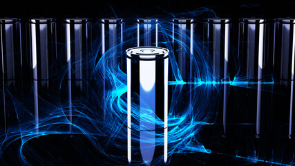 An innovative new battery in the 4680 format. One cell with artistic flare effect stands in front of the other new cells. Energy flows around central cell. 3D rendering - obrazy, fototapety, plakaty