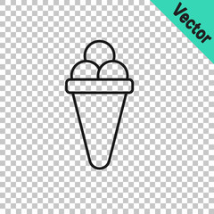 Black line Ice cream in waffle cone icon isolated on transparent background. Sweet symbol. Vector