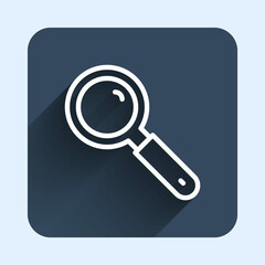 White line Magnifying glass icon isolated with long shadow background. Search, focus, zoom, business symbol. Blue square button. Vector