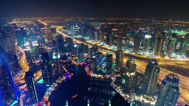 night light dubai marina city roof top panorama 4k time lapse uae
