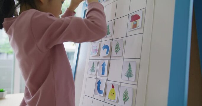 Little cute girl happy play and learn offline class computer language on board game Unplugged Coding computing concept for asia people kindergarten gen Z smart kids at home. STEM STEAM ICT skill.
