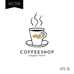 Coffeeshop logo or icon. Сoffee cup isolated on white background. Brown coffee beans.
