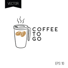 Coffeeshop logo or icon. Isolated on white background. Coffee to go. Brown coffee beans.