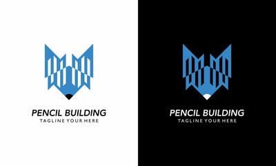Obraz premium Creative building logo design vector template, modern logo concept pencil and building.on a black and white background.