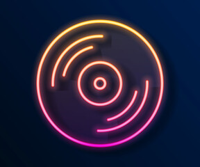 Glowing neon line Vinyl disk icon isolated on black background. Vector
