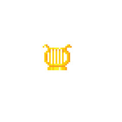 Golden harp pixel icon. Element design for logo, stickers, web, embroidery and mobile app. Isolated vector illustration. 8-bit sprite.