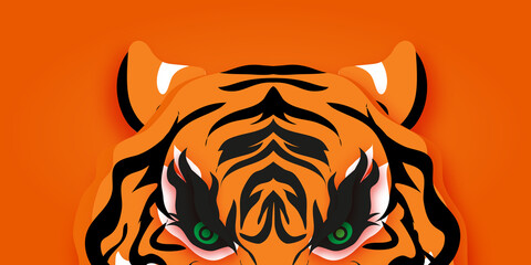 Tiger New Year. Roar Animal paper cut style. Chinese zodiac, Chinese calendar. Winter holidays. Happy New Greeting Card 2022. Wild Animal. Big cat. Christmas season.