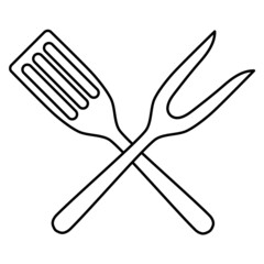Kitchen tools cutlery set of teflon spatula and fork crossed outline simple minimalistic flat design vector illustration isolated on white background