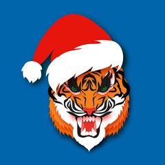 Tiger New Year. Santa Claus hat. Roar Animal paper cut style. Chinese zodiac, Chinese calendar. Winter holidays. Happy New Greeting Card 2022. Wild Animal. Big cat. Christmas season.