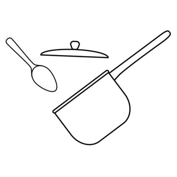 Kitchen tools set of long handle saucepan and tablespoon outline simple minimalistic flat design vector illustration isolated on white background