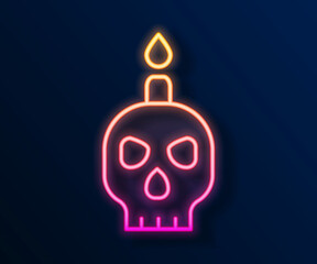 Glowing neon line Burning candle on a skull icon isolated on black background. Day of dead. Vector