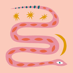 Childish style snake boho naive funky handdrawn art style vector illustration
