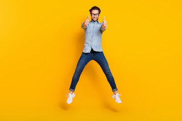 Fototapeta na wymiar Full body photo of young cheerful man happy positive smile point fingers you choice jump isolated over yellow color background