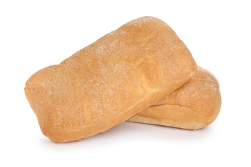 Delicious freshly baked crispy ciabattas on white background