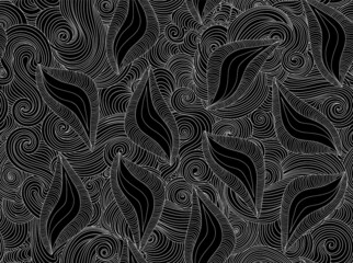 Decorative abstract seamless pattern with hand drawn leaves and wavy curling lines