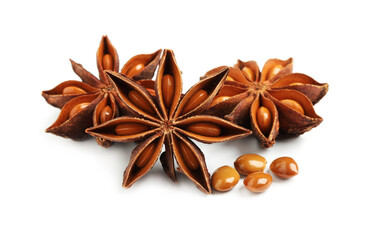 Dry anise stars with seeds on white background